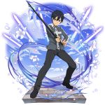  1boy bangs black_eyes black_hair black_pants closed_mouth flower grey_jacket hair_between_eyes highres holding holding_sword holding_weapon jacket kirito long_sleeves looking_at_viewer male_focus non-web_source official_art pants shiny shiny_hair smile solo sword sword_art_online transparent_background uniform weapon white_flower 