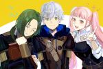  1girl 2boys ashe_ubert belt book closed_eyes closed_mouth fire_emblem fire_emblem:_three_houses garreg_mach_monastery_uniform green_eyes green_hair grey_hair hilda_valentine_goneril holding holding_book hood hood_down kyufe linhardt_von_hevring long_hair long_sleeves multiple_boys open_mouth parted_lips pink_eyes pink_hair short_hair simple_background sleeping twintails uniform upper_body v 