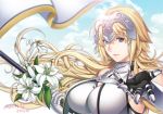  1girl armor armored_dress banner bare_shoulders black_gloves blonde_hair blue_eyes blue_sky breasts chain clouds commentary_request fate/apocrypha fate/grand_order fate_(series) flag flower gauntlets gloves headpiece hiyoshi_hana jeanne_d&#039;arc_(fate) jeanne_d&#039;arc_(fate)_(all) large_breasts long_hair looking_at_viewer outstretched_hand parted_lips signature sky standard_bearer very_long_hair 