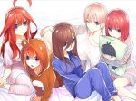  5girls :&gt; :d ;&gt; ahoge all_fours bangs bear_hood bed_sheet blue_dress blue_eyes blue_pajamas blue_pants blunt_bangs breasts brown_hair character_print closed_mouth collarbone collared_shirt commentary_request cosplay dress eyebrows_behind_hair full_body go-toubun_no_hanayome hair_between_eyes hair_down hand_on_own_knee haruba_negi highres kigurumi knees_up large_breasts lavender_hair long_hair long_sleeves looking_at_viewer multiple_girls nakano_ichika nakano_itsuki nakano_miku nakano_nino nakano_yotsuba on_bed open_mouth orange_hair pajamas pants pillow pillow_hug pink_dress pink_hair pink_pajamas pink_pants quintuplets redhead ribbon shirt short_hair short_sleeves siblings sidelocks sisters sitting sitting_on_bed smile striped striped_dress uesugi_fuutarou wariza white_shirt 