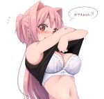  1girl absurdres bare_arms black_shirt blush bra breasts commentary_request hair_intakes highres large_breasts long_hair looking_at_viewer miton-chan_(miton_(turuyasann)) miton_(turuyasann) navel original pink_eyes pink_hair ribbon_bra shirt shirt_lift solo stomach sweatdrop tank_top translation_request underwear undressing upper_body white_background 