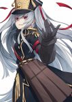  1girl absurdres altair_(re:creators) bangs black_dress dress floating_hair gauntlets hair_between_eyes hair_ribbon hat highres huge_filesize kasutera_(toho_16sakuya) long_hair military military_hat military_uniform open_mouth re:creators red_eyes red_ribbon ribbon silver_hair solo uniform very_long_hair white_background 