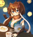  1girl blue_eyes blue_shirt brown_hair cake coffee commentary detached_sleeves eyebrows_visible_through_hair food fur_collar ichi001 kemono_friends long_hair looking_at_viewer mammoth_(kemono_friends) mammoth_ears mammoth_tail shirt sitting smile solo 
