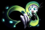  1girl :d black_background commentary creature english_commentary full_body gen_5_pokemon glowing green_eyes green_hair green_theme happy long_hair meloetta meloetta_(aria) musical_note no_humans open_mouth pokemon pokemon_(creature) smile solo the_boogie 