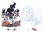 black_fire centiskorch chandelure charamells clouds creature fire flame floating full_body fusion gen_5_pokemon gen_6_pokemon gen_8_pokemon ghost grass grey_eyes looking_at_viewer multiple_fusions no_humans orange_eyes phantump pokemon pokemon_(creature) pumpkin simple_background snom tree_stump white_background yellow_eyes 