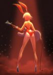  1girl absurdres animal_ears ass bad_proportions bunny_tail bunnysuit chwee facing_away fake_animal_ears flcl full_body guitar haruhara_haruko high_heels highres instrument leotard long_legs pantyhose red_background red_leotard short_hair solo standing tail wrist_cuffs 