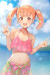 1girl :d absurdres bare_shoulders bikini blurry breasts clouds collarbone commentary_request day depth_of_field double_v halter_top halterneck hands_up highres isegawa_yasutaka lens_flare long_hair looking_at_viewer midriff navel ocean open_mouth orange_hair original outdoors pink_bikini red_eyes sarong sky small_breasts smile solo stomach sunlight swimsuit twintails upper_body v water 