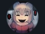  1girl ^_^ ^o^ abubu animal_ears closed_eyes commentary common_raccoon_(kemono_friends) evil_smile fur_collar horror_(theme) kemono_friends locked_outside open_mouth peephole raccoon_ears smile solo translated 