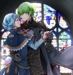  1boy 1girl aiguillette armor black_armor black_eyes black_gloves blue_dress blue_hair blush braid byleth_(fire_emblem) byleth_eisner_(male) cape capelet closed_mouth commentary_request crown_braid dancing dress epaulettes eyebrows_visible_through_hair fire_emblem fire_emblem:_three_houses glass gloves green_eyes green_hair hands_on_another&#039;s_back hetero highres holding_hands looking_at_another marianne_von_edmund open_mouth oroshipon_zu short_hair smile stained_glass waltz_(dance) 