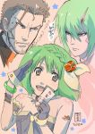  1girl 2020 2boys ahoge arm_tattoo bare_shoulders bracelet braid breasts brera_sterne brother_and_sister brown_eyes brown_hair gloves green_hair hair_ornament head_tilt jewelry looking_at_viewer macross macross_frontier macross_frontier:_sayonara_no_tsubasa marufuji_hirotaka multiple_boys necklace ozma_lee ranka_lee red_eyes salute short_hair siblings sleeveless small_breasts smile speech_bubble tattoo 