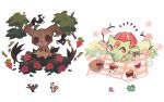  applin brown_eyes bulbasaur charamells creature cup drinking_glass flower food full_body fusion gen_1_pokemon gen_6_pokemon gen_7_pokemon gen_8_pokemon grass looking_at_viewer mimikyu multiple_fusions no_humans phantump picnic pie pokemon pokemon_(creature) red_eyes red_flower red_rose rose simple_background standing water white_background 