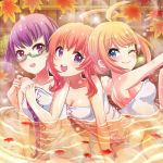  3girls antenna_hair blonde_hair blush breasts closed_mouth dtjp7102 girl_sandwich glasses hair_ornament long_hair multiple_girls naked_towel onsen open_mouth original partially_submerged purple_hair redhead sandwiched short_hair towel water 