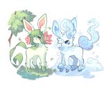  charamells commentary creature english_commentary full_body gen_4_pokemon glaceon grass leafeon looking_away looking_back no_humans pokemon pokemon_(creature) simple_background snowflakes standing tree violet_eyes white_background yellow_eyes 