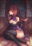  1girl absurdres alternate_costume black_legwear china_dress chinese_clothes detached_sleeves dincat dress fate/grand_order fate_(series) graphite_(medium) hair_intakes highres long_hair purple_dress purple_hair red_eyes scathach_(fate)_(all) scathach_(fate/grand_order) sitting sleeveless sleeveless_dress solo thigh-highs traditional_media 