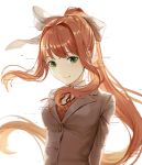  1girl absurdres brown_hair commentary doki_doki_literature_club glitch green_eyes grey_jacket hair_ribbon highres jacket long_hair looking_at_viewer monika_(doki_doki_literature_club) ponytail ribbon school_uniform shi_niao sidelocks simple_background smile solo upper_body white_background white_ribbon 
