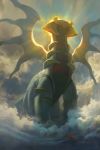  aircraft airplane backlighting clouds cloudy_sky commentary condensation_trail devin_elle_kurtz english_commentary gen_4_pokemon giratina giratina_(altered) glowing glowing_eyes highres legendary_pokemon looking_down midair pokemon pokemon_(creature) red_eyes sky sun sunlight wings 