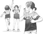  1girl blush food ice_cream masuda_(yousaytwosin) monochrome original ponytail shirt shoes short_hair short_shorts shorts t-shirt 