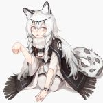  1girl animal_ear_fluff animal_ears arknights bangs black_cloak blush braid cloak dress fang grey_eyes hair_between_eyes hand_up headpiece highres jewelry kashiyarrm leopard_ears leopard_tail long_hair looking_at_viewer necklace paw_pose pramanix_(arknights) seiza simple_background sitting solo tail thigh-highs turtleneck_dress twin_braids watch white_background white_dress white_hair 