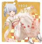  1girl 2020 blush floral_print highres japanese_clothes kimono nengajou new_year obi original piisu print_kimono sash short_hair white_kimono yukata 