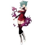  1girl alternate_costume animal_ears boots cat_ears cosplay costume_switch crossover dress girls_frontline green_eyes green_hair nin official_art pipe red_dress sei_asagiri solo surprised thigh-highs torn_clothes transparent_background va-11_hall-a 