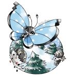  :d artsy-theo black_eyes bug butterfly creature flying full_body gen_6_pokemon happy insect looking_at_viewer no_humans open_mouth outdoors pine_tree pokemon pokemon_(creature) scatterbug signature smile snow snowing spewpa tree vivillon vivillon_(tundra) 