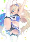  1girl ahoge arm_up blonde_hair blue_eyes breasts cheerleader large_breasts leg_up mel/a one_eye_closed original source_request sweat thigh-highs twintails 
