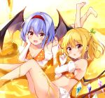  2girls :d :o bangs bare_legs barefoot bat_wings bikini blonde_hair blue_hair blush breasts commentary_request crystal eyebrows_visible_through_hair feet_out_of_frame feet_up flandre_scarlet fur-trimmed_gloves fur_trim gloves hair_between_eyes hairband hand_up head_rest highres hyurasan juice looking_at_viewer lying medium_breasts multiple_girls no_hat no_headwear on_stomach one_side_up open_mouth orange_bikini polka_dot polka_dot_bikini red_eyes red_hairband remilia_scarlet short_hair siblings sidelocks sisters smile swimsuit thighs touhou white_gloves wings 