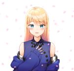  1girl blonde_hair blue_dress blue_eyes blush chiyuki_fujito dress highres long_hair long_sleeves looking_at_viewer qoray7 runway_de_waratte simple_background smile solo upper_body 