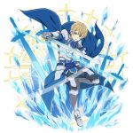  1boy armored_boots bangs blonde_hair blue_cape blue_eyes blue_rose_sword boots breastplate cape eugeo faulds full_body gauntlets grey_pants hair_between_eyes highres holding holding_sword holding_weapon knee_boots looking_at_viewer male_focus non-web_source official_art open_mouth pants shiny shiny_hair shoulder_armor solo spaulders standing standing_on_one_leg sword sword_art_online transparent_background weapon 