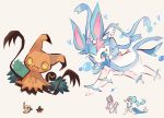  blue_eyes bubble charamells creature eyelashes full_body fusion gen_6_pokemon gen_7_pokemon jumping looking_at_viewer mimikyu multiple_fusions no_humans pokemon pokemon_(creature) primarina pumpkaboo simple_background standing sylveon white_background yellow_eyes 
