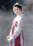  1girl black_hair blurry blurry_background brown_eyes chinese_clothes commentary dated dress facial_mark forehead_mark hair_bun hair_ornament highres lips looking_at_viewer original parted_lips sash short_hair signature solo standing zyl 