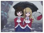  2girls black_hair black_umbrella blonde_hair bow brooch claire_francois cravat drill_hair hair_bow jewelry krill55 long_hair long_sleeves looking_at_another multiple_girls outdoors overcast rain red_bow rei_taylor short_hair smile standing thought_bubble umbrella watashi_no_oshi_wa_akuyaku_reijou yuri 