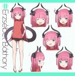  1girl :d ^_^ absurdres asymmetrical_horns blue_eyes closed_eyes corset curled_horns dragon_girl dragon_horns dragon_tail dress dress_flower elizabeth_bathory_(fate) elizabeth_bathory_(fate)_(all) expressions fate/extra fate/extra_ccc fate/grand_order fate_(series) flying_sweatdrops highres horns idol long_hair multiple_views open_mouth pink_hair plaid plaid_skirt pointy_ears sarkany_csont_landzsa skirt smile striped striped_headwear tail vertical-striped_dress vertical-striped_headwear vertical_stripes yomogi_uehara 