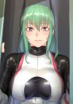  1girl blush bodysuit breasts eyebrows_visible_through_hair fingerless_gloves gloves green_hair headgear highres kilye_4421 long_hair looking_at_viewer menou_kaname original pink_eyes skin_tight skindentation solo upper_body 