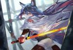  1girl animal_ear_fluff animal_ears arknights bangs black_hair black_shirt blurry blurry_background chinese_commentary closed_mouth commentary_request cowboy_shot fur-trimmed_jacket fur-trimmed_sleeves fur_trim glowing glowing_sword glowing_weapon hair_between_eyes highres holding holding_sword holding_weapon jacket light_particles long_hair looking_at_viewer orange_eyes pantyhose shirt shorts solo sword texas_(arknights) vardan weapon white_jacket white_shorts wolf_ears 