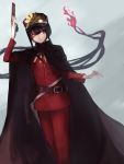  1boy absurdres aito black_hair cape closed_mouth fate/grand_order fate_(series) gloves hat highres long_hair male_focus military military_hat military_uniform oda_nobukatsu_(fate/grand_order) red_eyes simple_background smile solo uniform 