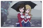  2girls black_hair black_umbrella blonde_hair blush bow brooch claire_francois cravat drill_hair hair_bow hand_on_another&#039;s_shoulder jewelry krill55 long_hair long_sleeves looking_at_another multiple_girls outdoors overcast rain red_bow rei_taylor short_hair standing umbrella watashi_no_oshi_wa_akuyaku_reijou yuri 