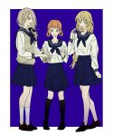  3girls alternate_costume annette_fantine_dominic blonde_hair blue_background blue_eyes fire_emblem fire_emblem:_three_houses food food_in_mouth from_side green_eyes highres holding ingrid_brandl_galatea long_hair long_sleeves low_ponytail mercedes_von_martritz mouth_hold multiple_girls open_mouth orange_hair school_uniform simple_background skirt toast toast_in_mouth twintails vo1ez 