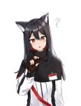  1girl :o ? animal_ear_fluff animal_ears arknights bangs black_hair brown_gloves chocolate fingerless_gloves gloves hair_between_eyes highres holding id_card jacket long_hair long_sleeves looking_at_viewer orange_eyes qoray7 simple_background solo texas_(arknights) upper_body white_background white_jacket wolf_ears 