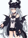  1girl belt black_jacket black_shorts brown_eyes collarbone dragon_wings expressionless eyebrows_visible_through_hair fingernails flat_chest g11_(girls_frontline) girls_frontline grey_hair hat highres horns jacket long_hair looking_at_viewer messy_hair nihnfinite8 pointy_ears red_nails sharp_fingernails shorts skull solo very_long_hair wavy_hair wings 