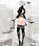  1girl ass back back_cutout bamuth black_legwear blurry blurry_background boots feather-trimmed_sleeves gloves green_eyes hairband heart high_heel_boots high_heels highleg highleg_leotard highres leotard looking_at_viewer looking_back nier_(series) nier_automata pod_(nier_automata) short_hair silver_hair solo standing thigh-highs thigh_boots thighhighs_under_boots torn_blindfold yorha_no._2_type_b 