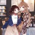  2girls :d braid cafe food futaribeya ice_cream jacket kawawa_sakurako long_hair multiple_girls open_mouth plaid plaid_shirt shirt skirt smile yamabuki_kasumi yukiko_(tesseract) 