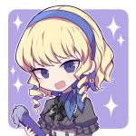  1girl blonde_hair blue_eyes blue_hairband constance_von_nuvelle earrings fan fire_emblem fire_emblem:_three_houses garreg_mach_monastery_uniform hairband holding jewelry motiumai multicolored_hair open_mouth purple_background purple_hair short_hair simple_background solo uniform upper_body 