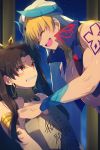  1boy 1girl anger_vein armlet bangs bare_shoulders black_bow blonde_hair blue_vest blush bow breasts brown_hair cis05 closed_eyes cropped_vest crying detached_collar earrings fate/grand_order fate_(series) gilgamesh gilgamesh_(caster)_(fate) hair_bow hoop_earrings ishtar_(fate)_(all) ishtar_(fate/grand_order) jewelry long_hair neck_ring parted_bangs red_eyes short_hair shoulder_tattoo smile stone_tablet tattoo tiara translated turban two_side_up vest 