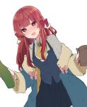  1girl :d ascot blue_coat blue_skirt blue_vest blush bottle braid coat collared_shirt cup french_braid grey_shirt hair_ribbon head_tilt holding holding_bottle holding_cup ikeuchi_tanuma leaning_to_the_side long_hair long_sleeves looking_at_viewer mug nose_blush open_clothes open_coat open_mouth original red_ribbon redhead ribbon shirt simple_background skirt smile solo standing star star-shaped_pupils symbol-shaped_pupils vest violet_eyes white_background wide_sleeves wing_collar yellow_neckwear 