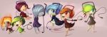  6+girls ;d black_dress blue_eyes blue_hair brown_dress commentary creature dress english_commentary fiery_hair floating full_body gen_5_pokemon grey_dress grey_hair hair_bun hair_over_one_eye happy headphones meloetta meloetta_(aria) meloetta_(other) meloetta_(pirouette) multiple_girls no_humans one_eye_closed open_mouth pink_background pink_hair pokemon pokemon_(creature) purple_dress shadow sitting smile standing standing_on_one_leg the_boogie tied_hair walking white_eyes 