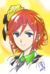  1girl 2019 blue_eyes eyelashes flower hair_between_eyes hair_flower hair_ornament half_updo kaname_buccaneer looking_at_viewer macross macross_delta marufuji_hirotaka necktie portrait redhead short_hair smile solo 