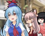  3girls :d bangs black_hair blue_dress blue_hair blue_headwear blurry blurry_background blush bow breasts commentary cowboy_shot distracted_boyfriend_(meme) dress eyebrows_visible_through_hair fujiwara_no_mokou hair_between_eyes hair_bow hat hat_ribbon houraisan_kaguya kamishirasawa_keine long_hair long_sleeves lowres medium_breasts meme multiple_girls neckerchief o3o open_mouth outdoors pants pinafore_dress pink_hair pink_shirt puffy_short_sleeves puffy_sleeves red_eyes red_neckwear red_pants red_ribbon ribbon shangguan_feiying shirt short_sleeves sidelocks smile standing suspenders touhou upper_body very_long_hair white_bow white_shirt wide_sleeves yuri 