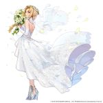  1girl blonde_hair blue_eyes bouquet braid braided_ponytail bridal_gauntlets bride character_request company_name dress flower full_body head_wreath high_heels holding holding_flower long_hair medium_hair official_art silver_footwear simple_background single_braid solo standing star_ocean star_ocean_anamnesis veil watermark white_background white_dress yuu_(higashi_no_penguin) 