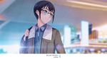  1boy androgynous bangs black_hair blue_eyes blue_shirt blurry blurry_background brown_coat character_name coat collared_shirt glasses hondou_eisuke long_sleeves male_focus meitantei_conan monicanc open_clothes open_coat round_eyewear shiny shiny_hair shirt solo wing_collar 